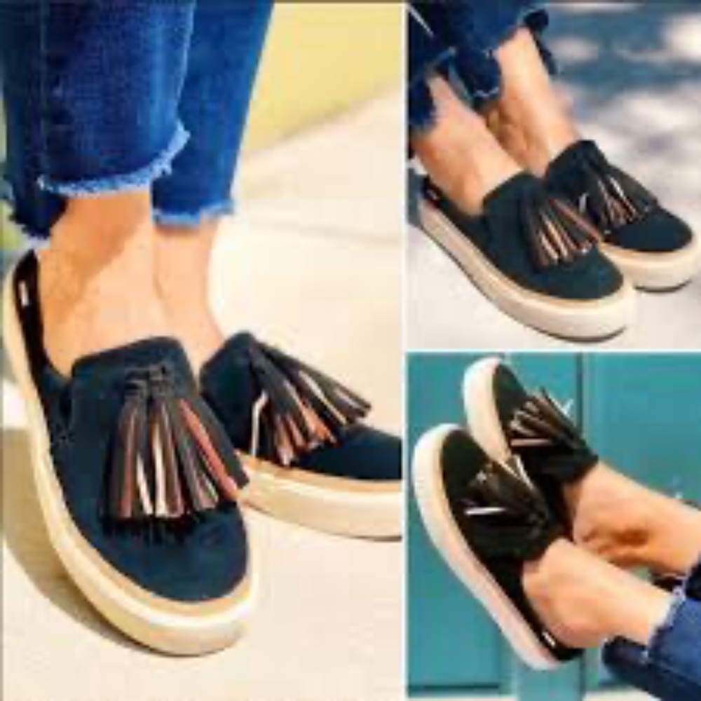 Toms Black Suede Tassel Backless Mules with Tan Sole - Picture 2 of 10